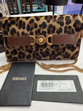 Versace Medusa '95 Leopard Wallet on  gold chain  7" L x 1" W x 4" H.